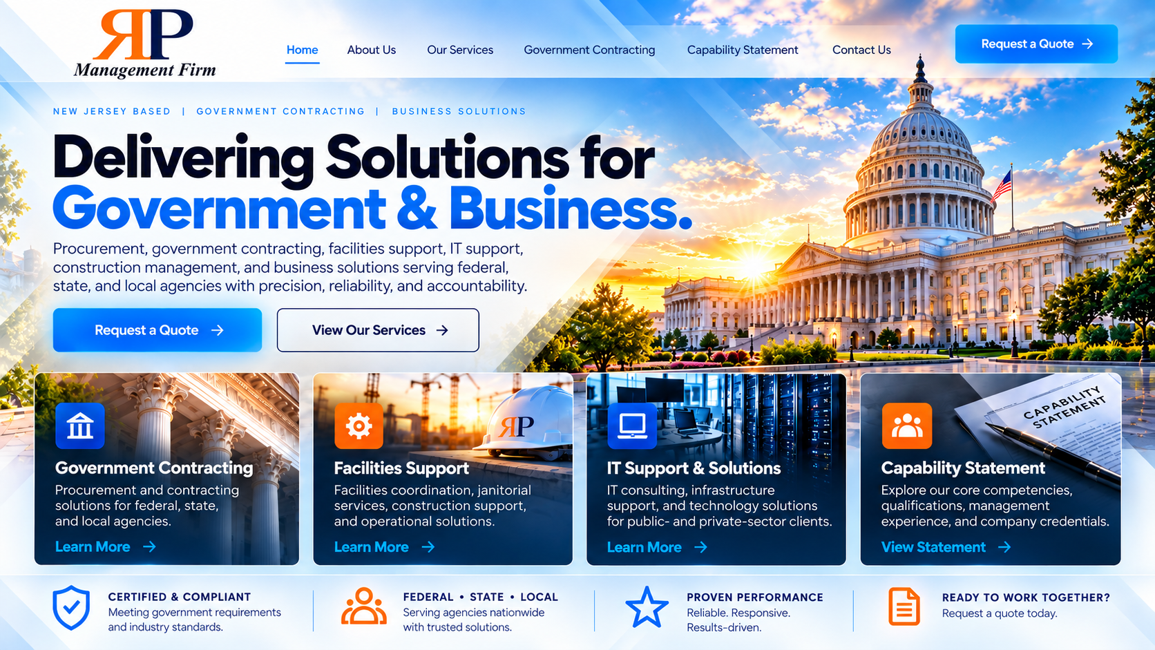 RP Management Firm government contracting homepage with services and capability statement